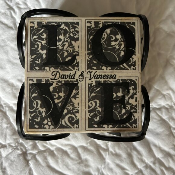 4 Love David & Vanessa Drink Marble Coasters 4" Holder Black White 2lbs 14oz - Picture 1 of 8